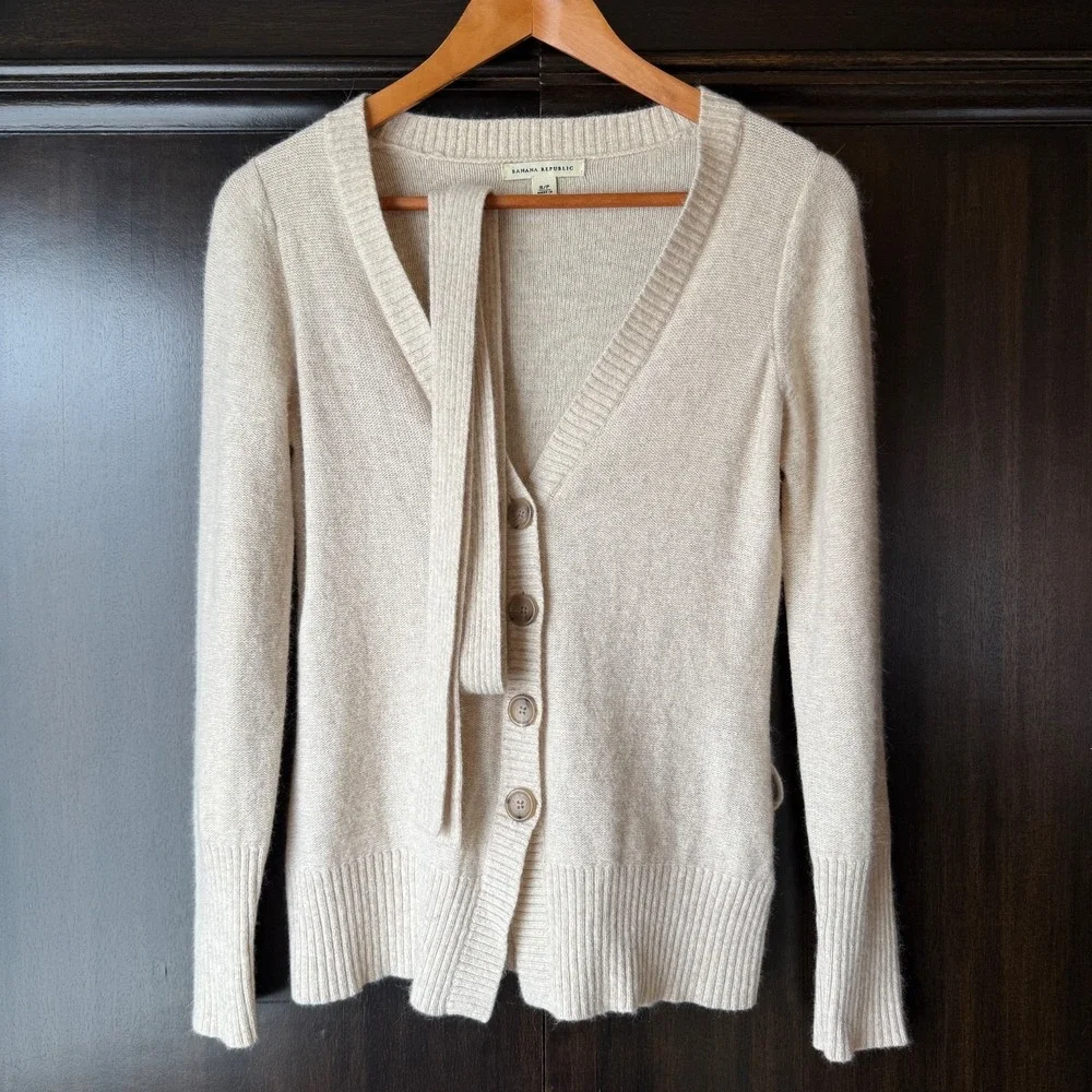 Banana Republic Angora Wool Cardigan Belted V Neck Soft Knit S Ivory Classic Fit - Picture 6 of 16